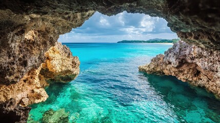 Obraz premium Tropical cove view from a hidden cave opening