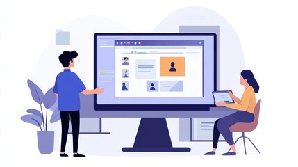 Teamwork On A Project. Woman And Man Work With Digital Interface.  Illustrative Vector Graphic Scene.