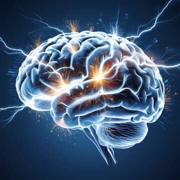 abstract human brain in blue with electrical activity lightening bolts image illustration