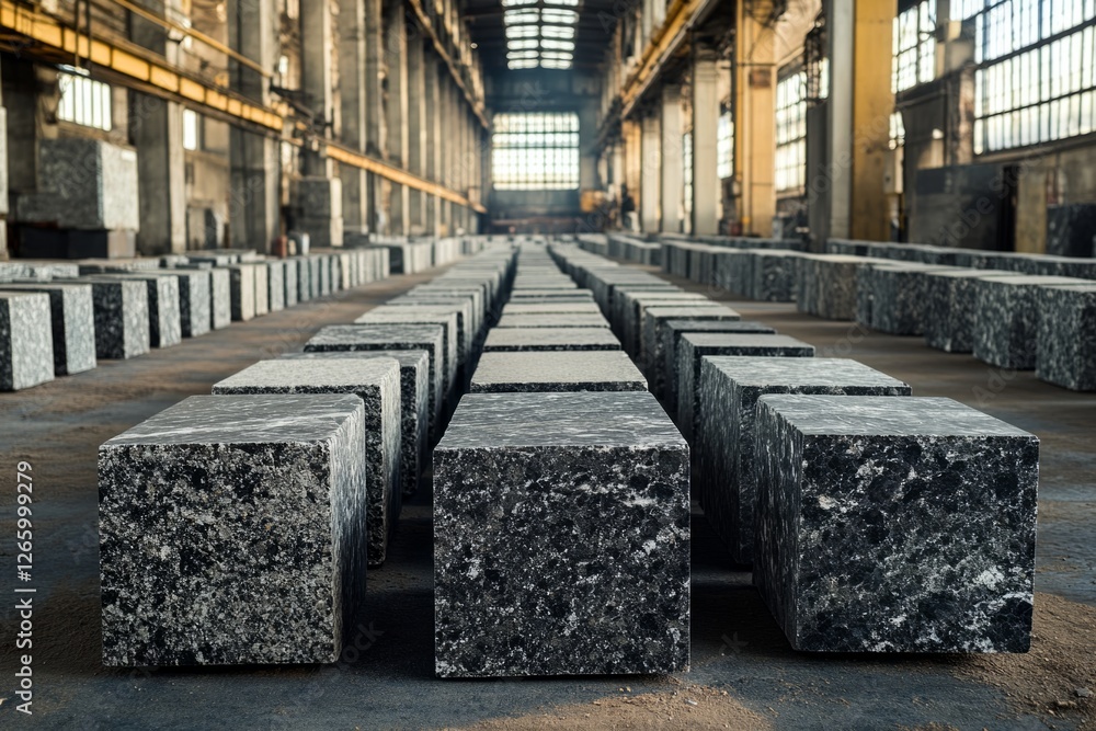Aufkleber granite cubes lying in rows in a large industrial building with sunlight shining through the windows