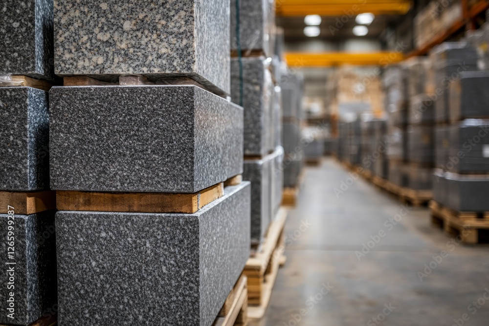 Poster granite blocks stacked and stored on wooden pallets inside a warehouse or factory, creating an indus