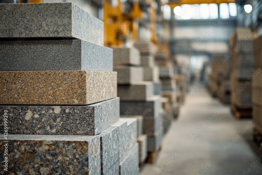 Poster granite slabs of various colors and textures are neatly stacked in a warehouse, ready for processing