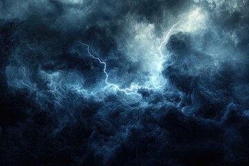 Fototapeta premium A dramatic image of a powerful lightning strike amidst dark, turbulent storm clouds.