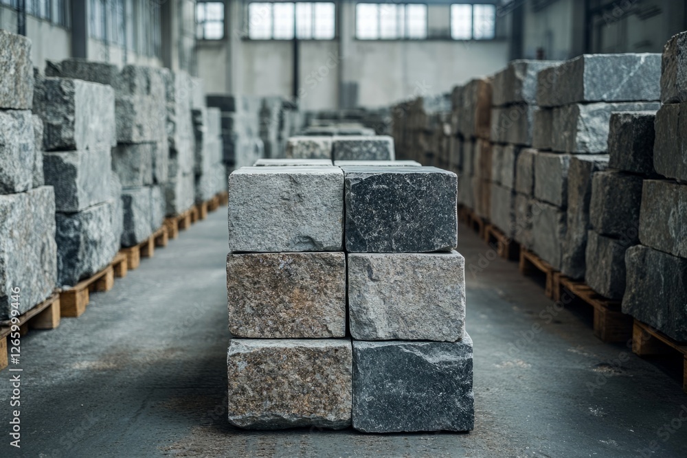 Poster granite blocks of different colors stacked on warehouse floor, ready for processing and distribution