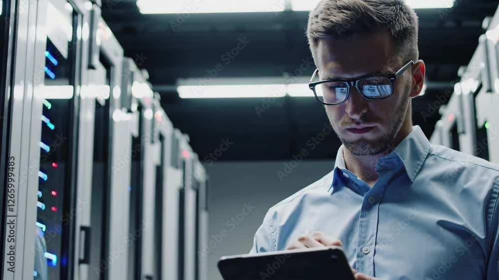 Poster it professional analyzing data on tablet in server room