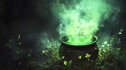 Enchanting witching hour cauldron with magical green potion and mist. Midnight Alchemy Rituals. Illustration