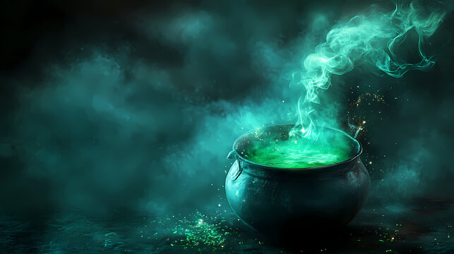 Enchanting witching hour cauldron with magical green potion and mist. Midnight Alchemy Rituals. Illustration