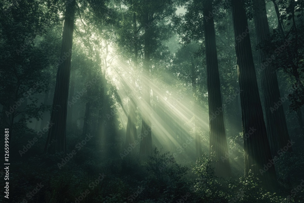 Poster sunbeams pierce through a mystical, fog-laden forest, illuminating ancient trees.