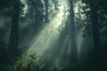 Sunbeams pierce through a misty redwood forest, creating an ethereal and serene atmosphere.