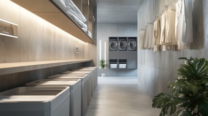 Modern Laundry Room with Concrete Walls and Built-in Units