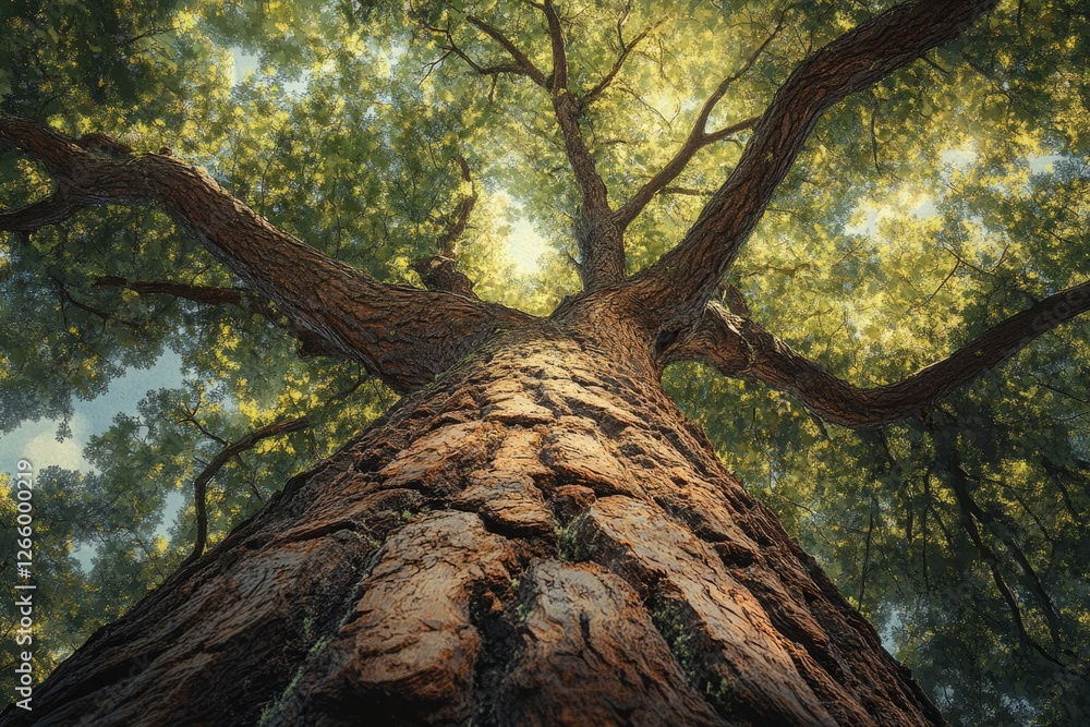 Poster majestic ancient tree viewed from below, showcasing its immense size and lush canopy.