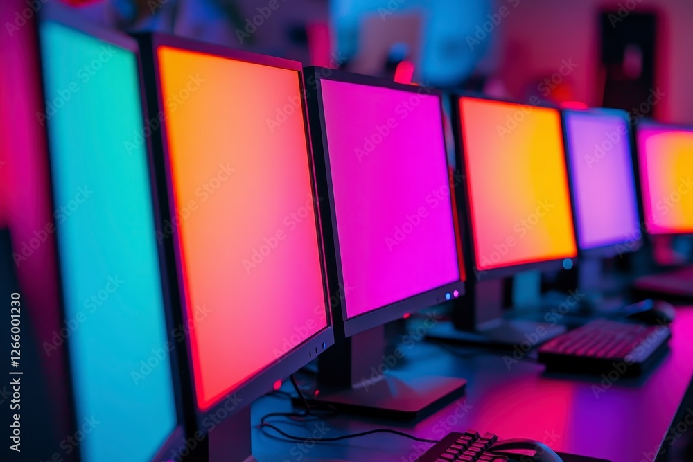 Poster vibrant computer screens in a modern tech environment with colors