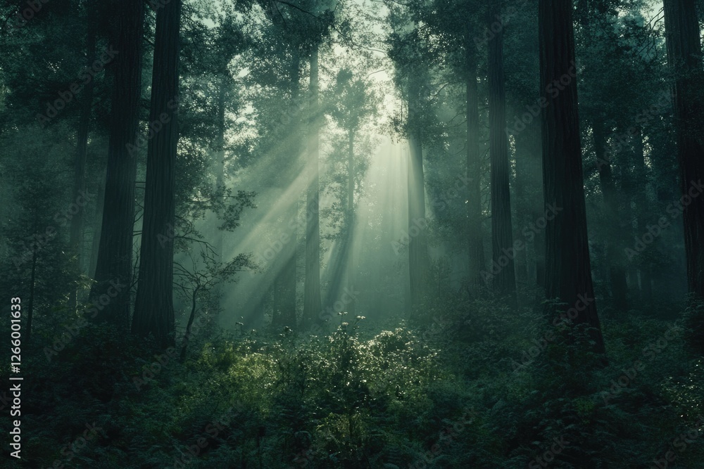 Poster sunbeams pierce through a misty, dark forest, illuminating the ancient trees and undergrowth.