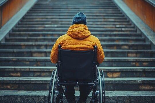 Person with disability sitting in wheelchair looking at stairs, symbolizing architectural barriers and challenges faced by people with disabilities