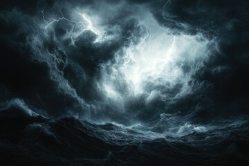 Dark stormy clouds above a raging sea, lightning illuminates the scene.