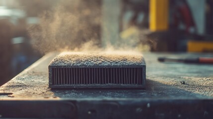 A close-up of a car's air filter covered in fine dust particles, placed on a workbench, symbolizing the effects of prolonged exposure to PM 2.5 pollution.