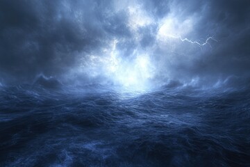 Fototapeta premium Dark stormy ocean scene with lightning striking above the turbulent waves.