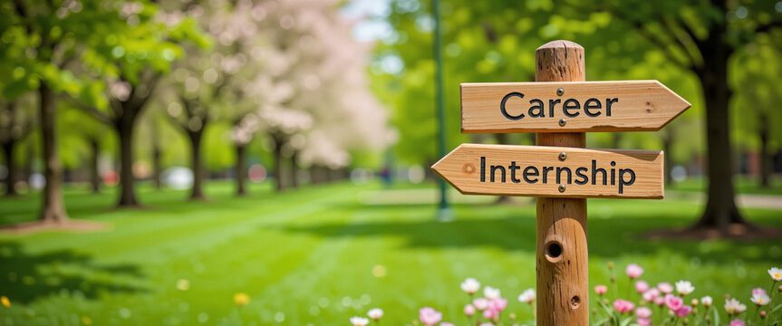 Spring internship fair wooden signpost indicating directions for career and internship opportunities in a lush green park with blooming trees
