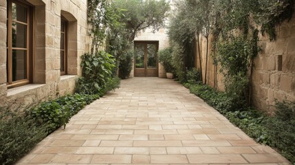 Fototapeta premium Stone walkway between old buildings with greenery. Possible use Stock photo for travel or architecture catalogs