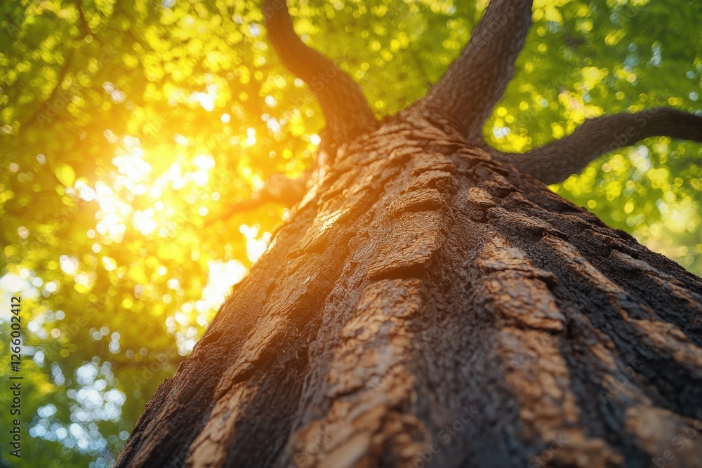 Poster sunlight filters through lush green leaves onto the rough bark of a majestic tree.