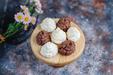 Delicious homemade meringue cookies with coconut flakes.