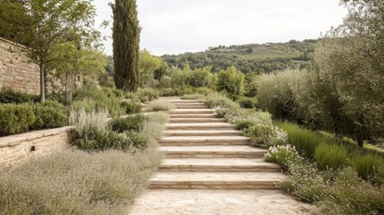 Stone steps winding through a landscaped Italian garden