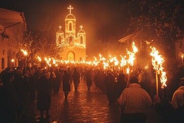 Crowd walking towards an illuminated church at night, holding burning torches during a religious procession
