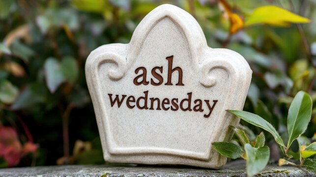 Ash Wednesday stone sign in a garden setting
