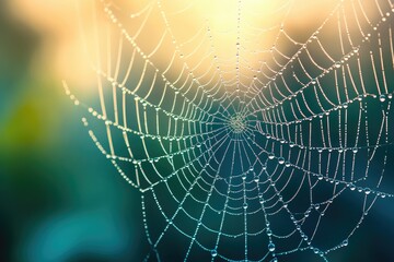 Fototapeta premium Intricate spiderweb glistening with morning dew, a delicate natural design against a blurred background.