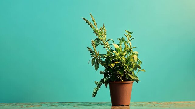 Fresh herbs in a terracotta pot against a vibrant teal background creating an inviting atmosphere