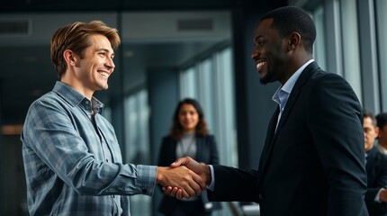 Two businessmen shaking hands to congratulate each other in a modern office environment
