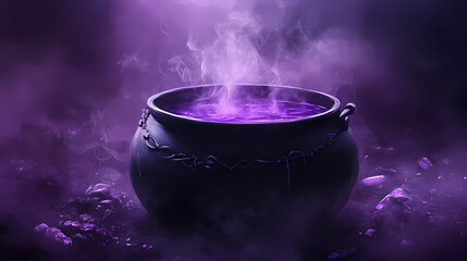 A black cauldron filled with purple potion and surrounded by purple smoke. Midnight Alchemy Rituals. Illustration