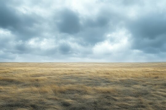 Expansive, dry grassland under a dramatic, stormy sky with distant lightning.