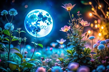 Fototapeta premium Night Garden: Luminescent Flowers in Moonlight, Magical Bloom, Full Moon Botanical Photography