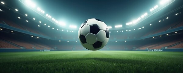 A dynamic soccer ball mid-air in a modern stadium, illuminated by bright lights, capturing the excitement of the game.