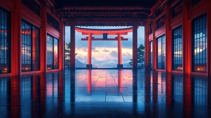 Obraz premium Cultural ceremony view traditional japanese shrine interior photography serene environment sunset perspective