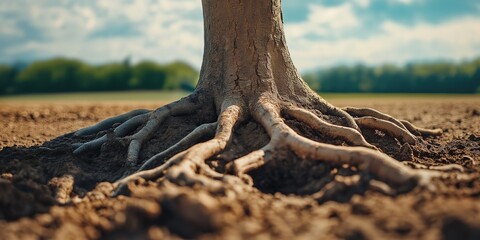 Focus on Roots: Exposed roots gripping the parched ground, symbolizing resilience and survival.