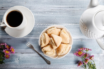 Homemade nut shaped russian soviet cookies and wafer rolls with pastry cream.