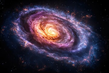 A vibrant spiral galaxy, swirling with cosmic dust and gas, displays stunning colors and intricate patterns in deep space.