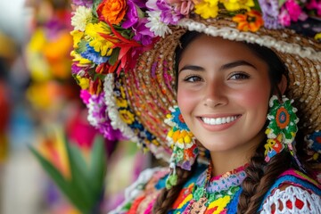 Fototapeta premium Close-up of a happy mexican woman wearing a vibrant, flower-decorated hat and traditional dress, representing mexican culture
