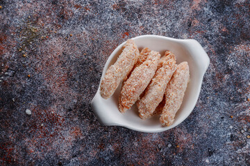 Raw semi finished frozen products, meals.