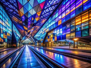 Night Photography: Abstract Geometric Glass Walls, Hengelo Train Station, Netherlands