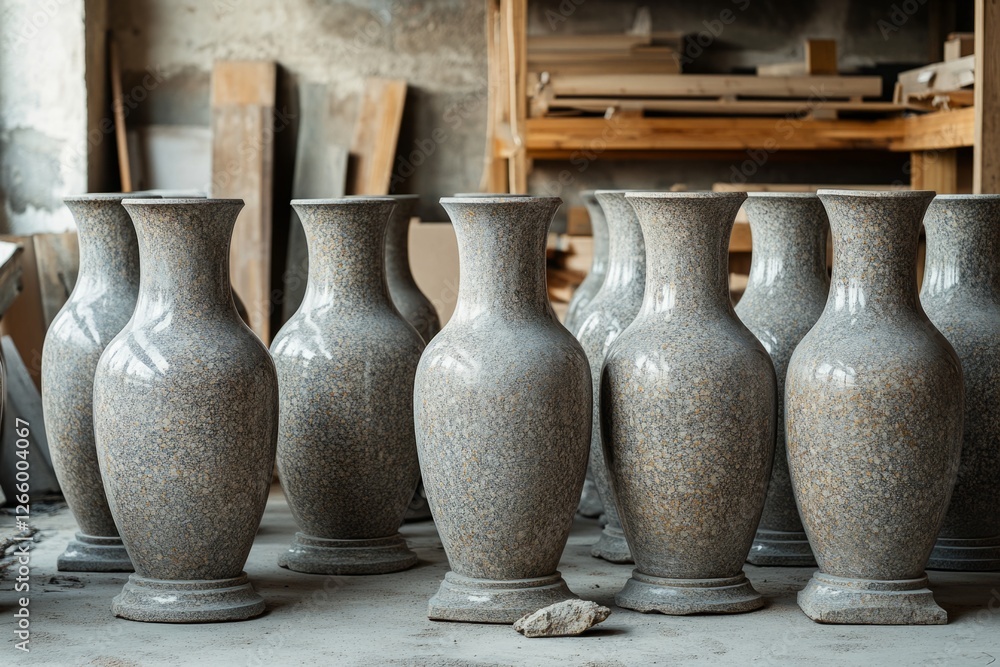 Poster stone vases arranged in a workshop setting