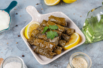 Delicious dolma (sarma) stuffed grape leaves rice.