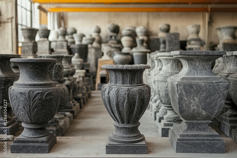 Poster decorative stone vases neatly arranged in a workshop setting