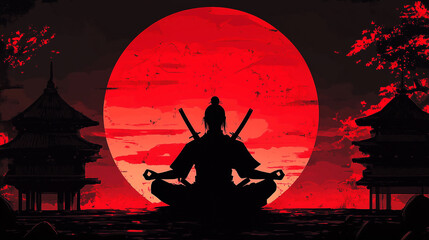 japanese samurai warrior meditating in front of temple. red sun background illustration