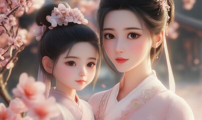 beautiful young mother and her cute little daughter, dressed in light pink , stand among the blooming peach blossoms
