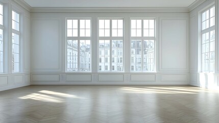 Fototapeta premium Bright Empty White Room with Large Windows and City View