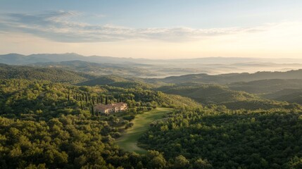 Fototapeta premium Tuscan Hills Estate Sunrise. Aerial View. Scenic Landscape. Potential Use Stock Photo