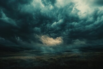 Obraz premium Dark, stormy clouds loom over a flat landscape, a lightning bolt striking through the ominous sky.